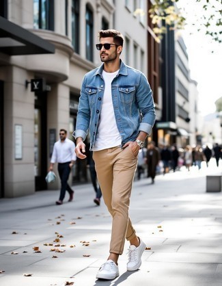 Light Blue Denim Jacket · White Crew-neck T-shirt · Khaki Chinos · White Leather Low Top Sneakers · Black Sunglasses · Silver Watch