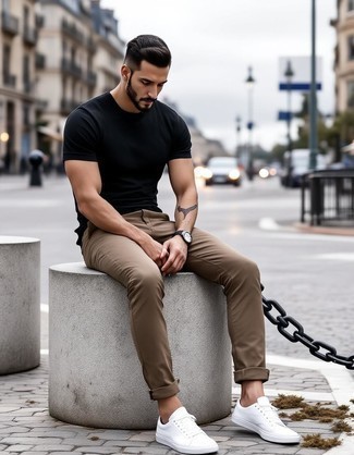 Black Crew-neck T-shirt · Khaki Chinos · White Canvas Low Top Sneakers · Black Leather Watch