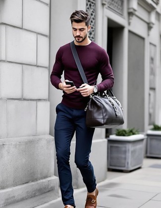 Dark Purple Crew-neck Sweater · Navy Chinos · Brown Leather Double Monks · Black Leather Duffle Bag · Brown Leather Watch