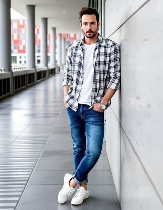 White and Black Plaid Long Sleeve Shirt · White Crew-neck T-shirt · Blue Jeans · White Leather Low Top Sneakers · Silver Watch