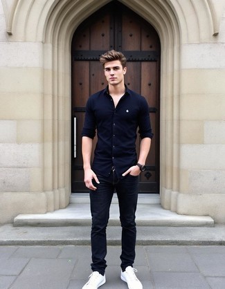 Navy Long Sleeve Shirt · Navy Jeans · White Canvas Low Top Sneakers · Dark Brown Leather Watch