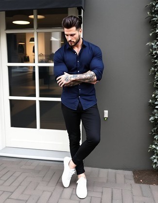 Navy Long Sleeve Shirt · Black Chinos · White Leather Low Top Sneakers