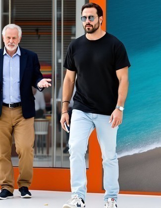 Black Crew-neck T-shirt · Light Blue Jeans · White Leather Low Top Sneakers · Grey Sunglasses · Silver Watch · Black Bracelet