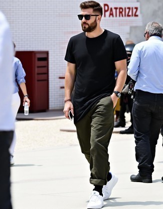 Black Crew-neck T-shirt · Olive Chinos · White Leather Low Top Sneakers · Navy Sunglasses · Black Leather Watch · Black No Show Socks