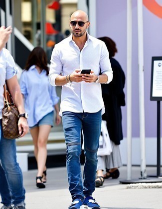 White Long Sleeve Shirt · Navy Jeans · Navy Athletic Shoes · Charcoal Sunglasses · Silver Watch · Silver Bracelet