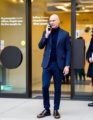 Navy Blazer · Navy Turtleneck · Navy Chinos · Black Leather Oxford Shoes · Silver Watch · Black Socks