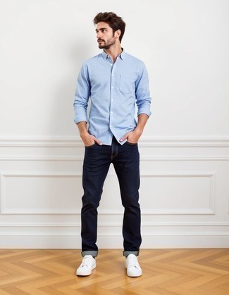 Light Blue Long Sleeve Shirt · Navy Jeans · White Canvas Low Top Sneakers
