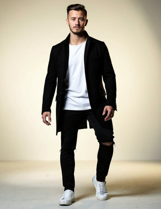 Black Overcoat · White Crew-neck T-shirt · Black Ripped Jeans · White Low Top Sneakers