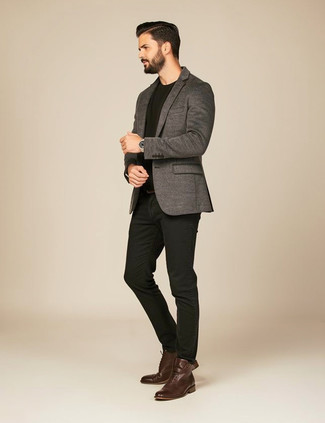 Charcoal Wool Blazer · Black Crew-neck T-shirt · Black Jeans · Dark Brown Leather Casual Boots · Tan Leather Belt · Silver Watch
