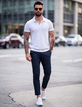 White Polo · Navy Chinos · White Low Top Sneakers · Black Sunglasses · Brown Leather Watch