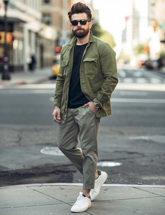 Olive Military Jacket · Black Crew-neck T-shirt · Grey Chinos · White Leather Low Top Sneakers · Black Sunglasses · Silver Watch