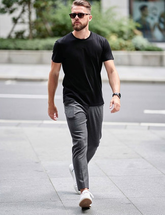 Black Crew-neck T-shirt · Charcoal Chinos · White Leather Low Top Sneakers · Dark Brown Sunglasses · Black Leather Watch