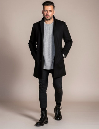 Black Overcoat · Grey Crew-neck Sweater · Black Jeans · Black Leather Casual Boots · Silver Watch · Black Socks