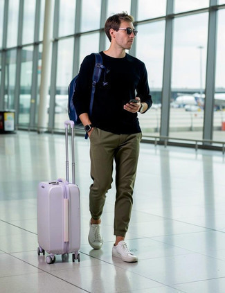 Navy Crew-neck Sweater · Olive Chinos · White Leather Low Top Sneakers · Blue Leather Backpack · Dark Brown Sunglasses · Black Leather Watch