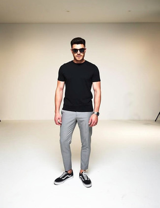 Black Crew-neck T-shirt · Grey Chinos · Black and White Canvas Low Top Sneakers · Black Sunglasses · Silver Watch