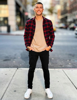 Red and Navy Plaid Long Sleeve Shirt · Black Crew-neck T-shirt · Black Skinny Jeans · White Leather Low Top Sneakers · Black No Show Socks