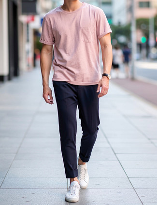 Pink Crew-neck T-shirt · Navy Chinos · White Leather Low Top Sneakers · Black Leather Watch