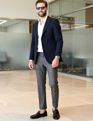 Navy Blazer · White Dress Shirt · Charcoal Dress Pants · Black Leather Loafers · Navy Sunglasses · Silver Watch