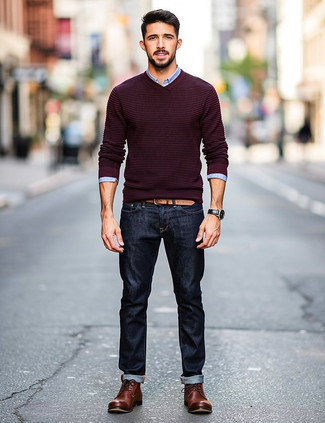 Burgundy Crew-neck Sweater · Light Blue Chambray Long Sleeve Shirt · Navy Jeans · Brown Leather Desert Boots · Tan Leather Belt · Black Leather Watch
