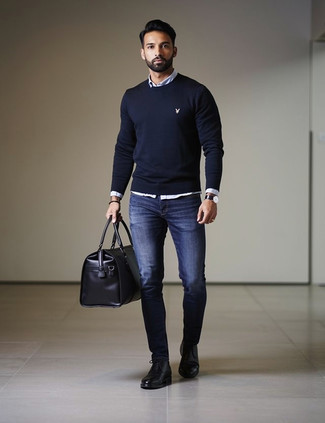 Navy Crew-neck Sweater · White Long Sleeve Shirt · Navy Skinny Jeans · Black Leather Chelsea Boots · Black Leather Holdall · Black Leather Watch