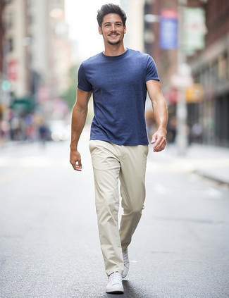 Blue Crew-neck T-shirt · Beige Chinos · White Leather Low Top Sneakers