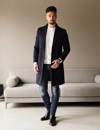 Navy Overcoat · White Crew-neck Sweater · Navy Jeans · Black Leather Chelsea Boots · Black Leather Gloves · Black Leather Watch