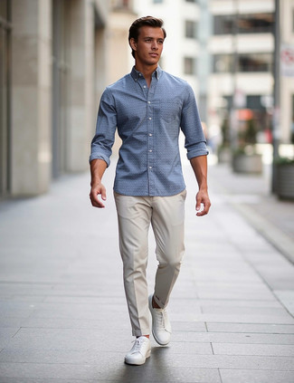 Blue Long Sleeve Shirt · Beige Chinos · White Leather Low Top Sneakers