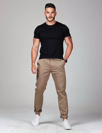 Black Crew-neck T-shirt · Khaki Chinos · White Canvas Low Top Sneakers · Black Leather Watch