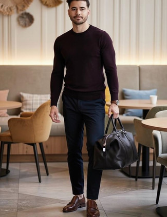 Dark Purple Crew-neck Sweater · Navy Chinos · Brown Leather Double Monks · Black Leather Duffle Bag · Brown Leather Watch
