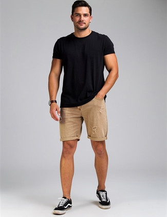 Black Crew-neck T-shirt · Tan Ripped Denim Shorts · Black and White Canvas Low Top Sneakers · Dark Brown Leather Watch