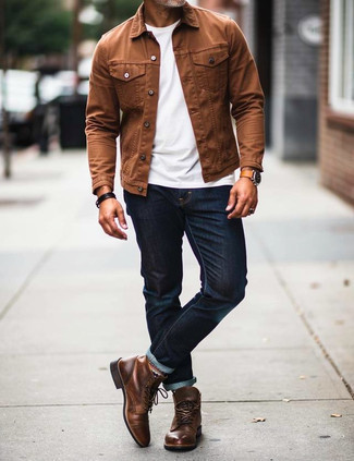 Tobacco Denim Jacket · White Crew-neck T-shirt · Navy Jeans · Brown Leather Casual Boots · Tan Leather Watch · Black Leather Bracelet