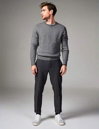 Grey Crew-neck Sweater · Charcoal Chinos · White Leather Low Top Sneakers · Black Socks
