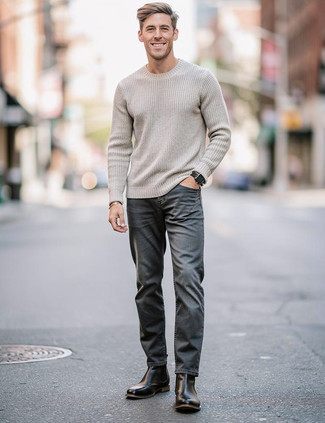 Grey Crew-neck Sweater · Charcoal Jeans · Black Leather Chelsea Boots · Black Leather Watch