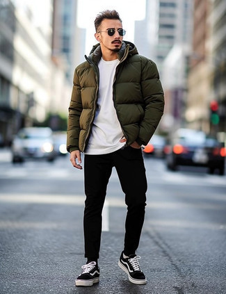Dark Green Puffer Jacket · White Crew-neck T-shirt · Black Jeans · Black and White Canvas Low Top Sneakers · Black Sunglasses · Black Socks