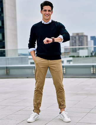 Navy Crew-neck Sweater · White Long Sleeve Shirt · Khaki Chinos · White Canvas Low Top Sneakers · Dark Brown Leather Watch