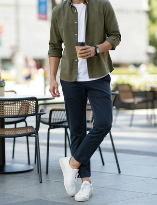 Olive Long Sleeve Shirt · White Crew-neck T-shirt · Navy Chinos · White Canvas Low Top Sneakers · Black Watch
