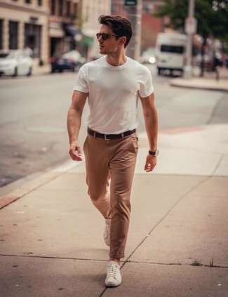 White Crew-neck T-shirt · Khaki Chinos · White Canvas Low Top Sneakers · Dark Brown Woven Leather Belt · Dark Brown Sunglasses · Black Leather Watch