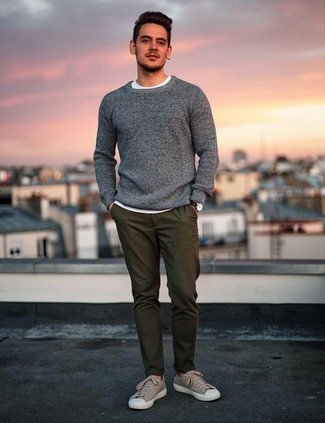 Grey Crew-neck Sweater · White Crew-neck T-shirt · Olive Chinos · Beige Canvas Low Top Sneakers · Black Leather Watch