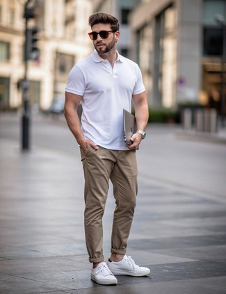 White Polo · Khaki Chinos · White Canvas Low Top Sneakers · Dark Brown Sunglasses · Silver Watch