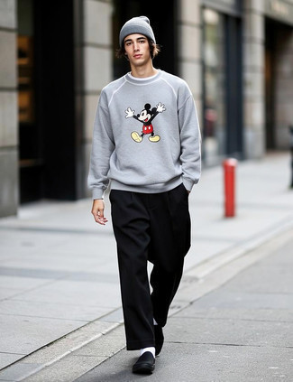 Grey Print Sweatshirt · Black Chinos · Black Canvas Slip-on Sneakers · Grey Beanie · White Socks