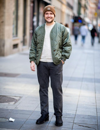 Olive Quilted Bomber Jacket · White Crew-neck Sweater · Charcoal Chinos · Black Leather Chelsea Boots · Brown Beanie · Silver Watch