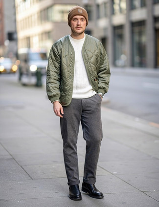 Olive Quilted Bomber Jacket · White Crew-neck Sweater · Charcoal Chinos · Black Leather Chelsea Boots · Brown Beanie · Silver Watch