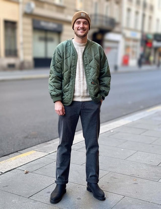 Olive Quilted Bomber Jacket · White Crew-neck Sweater · Charcoal Chinos · Black Leather Chelsea Boots · Brown Beanie · Silver Watch