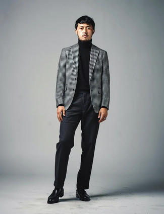 Black and White Gingham Blazer · Black Turtleneck · Black Dress Pants · Black Leather Chelsea Boots