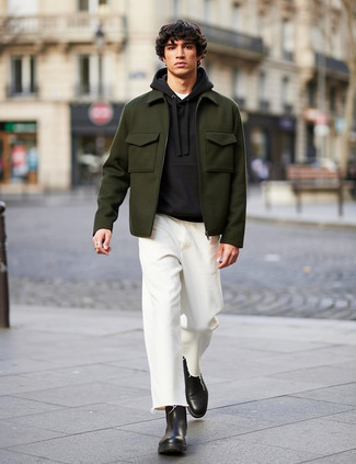 Dark Green Harrington Jacket · Black Hoodie · White Jeans · Black Leather Chelsea Boots