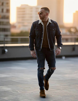 Navy Denim Jacket · Brown Crew-neck T-shirt · Navy Ripped Skinny Jeans · Brown Suede Chelsea Boots · Charcoal Sunglasses · Charcoal Leather Watch