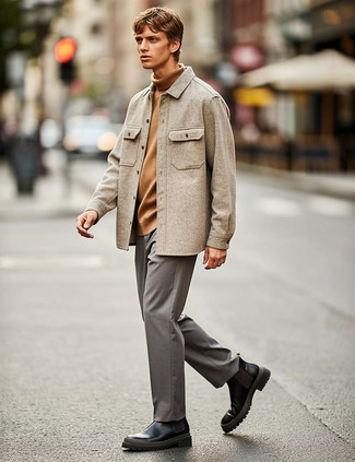 Tan Turtleneck · Tan Wool Long Sleeve Shirt · Grey Chinos · Black Leather Chelsea Boots