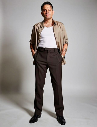 Tan Long Sleeve Shirt · White Tank · Dark Brown Dress Pants · Black Leather Chelsea Boots · Gold Watch · Gold Bracelet