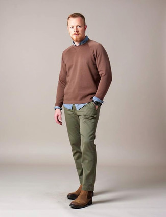 Blue Chambray Long Sleeve Shirt · Brown Long Sleeve T-Shirt · Olive Chinos · Brown Leather Chelsea Boots · Black Leather Watch