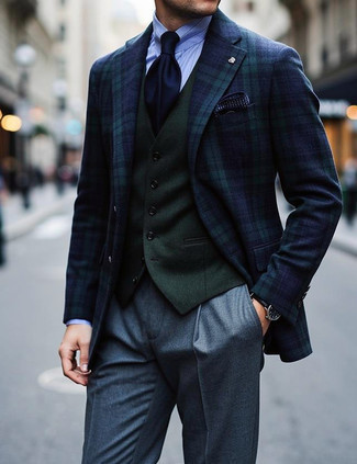 Navy and Green Plaid Blazer · Olive Wool Waistcoat · Light Blue Vertical Striped Dress Shirt · Grey Wool Dress Pants · Navy Knit Tie · Navy Print Pocket Square